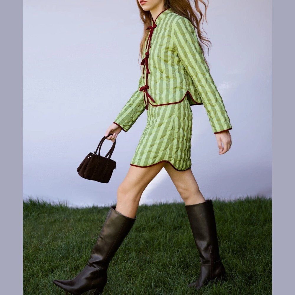 Green Striped Quilted Mini Skirt with Burgundy Trim Hem